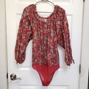 Intimately FREE PEOPLE Sundown Red Paisley Bodysuit Long Sleeve Blouse